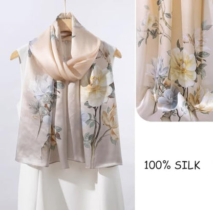ANDANTINO 100% Silk Long Scarf-Women Large Oblong Shawls with Gift Packed - color: Floral-pale Yellow