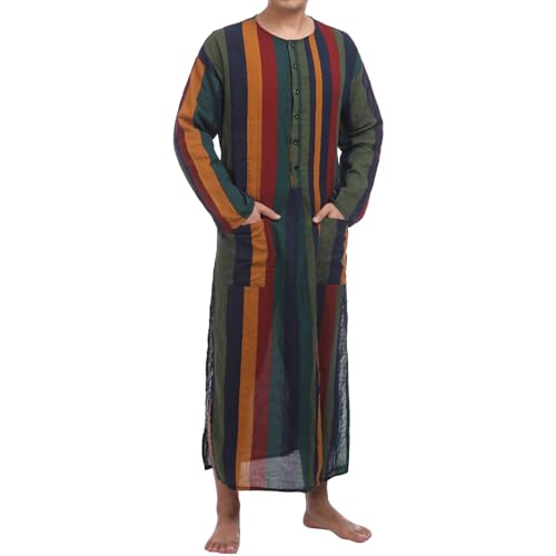 IWEMEK Muslim Thobe for Men Striped Kaftan Thobe with Pockets Saudi Arabic Robe Button up Dubai Abaya Caftan Ramadan Clothes - color: Yellow, size: Medium