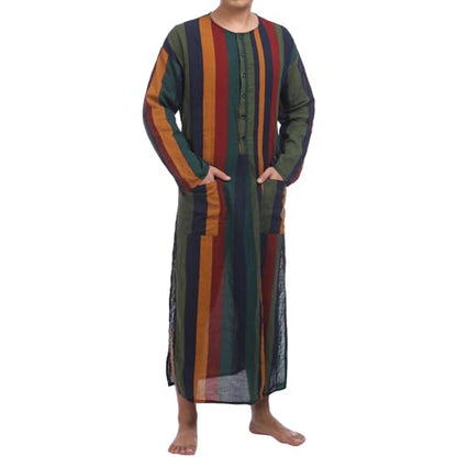 IWEMEK Muslim Thobe for Men Striped Kaftan Thobe with Pockets Saudi Arabic Robe Button up Dubai Abaya Caftan Ramadan Clothes - color: Yellow, size: Medium