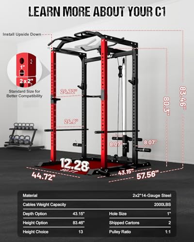 C1-V4 Power Cage, 2000LBS Squat Rack with LAT Pulldown, Multi-Function Weight Cage Strength Training Machine, Workout Cage with More Attachments for Home Gym Garage - style: RD Power Cage C1-V4
