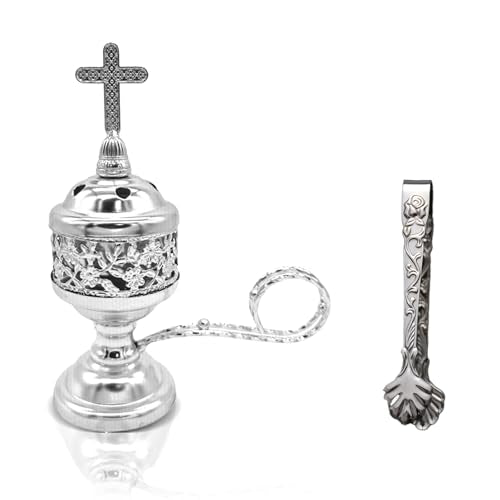 Sliver-Finish Bakhoor Incense Burner with Tong for Charcoal and Resin - color: Sliver With Tong
