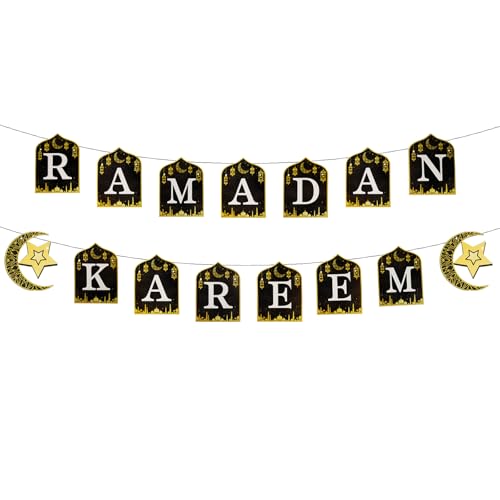 Ramadan Kareem Banner Eid Mubarak Hanging Decoration No DIY Needed,for Eid Al-Fitr Party Supplies, Home, Tree, Fireplace, and Wall Decor