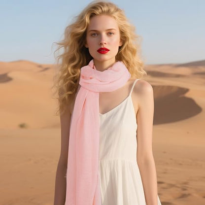 Nydotd Women Summer Cotton Linen Scarf Crinkle Long Beach Shawl Wrap hijab with Fringe - color: Light Pink