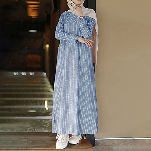 Lmdudan Muslim Dresses - Ladies Robe Dress Islamic Abaya - Cotton Linen Dress - Stripe Conservative Prayer Clothes - color: 1*blue, size: Small