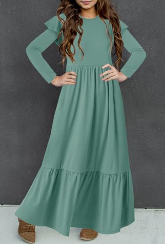 HOSIKA Girls Fall Ruffle Long Sleeve Crew Neck Loose Casual Flowy Tiered Maxi Dress with Pockets for 6-12 Y - color: Sage, size: 6 Years