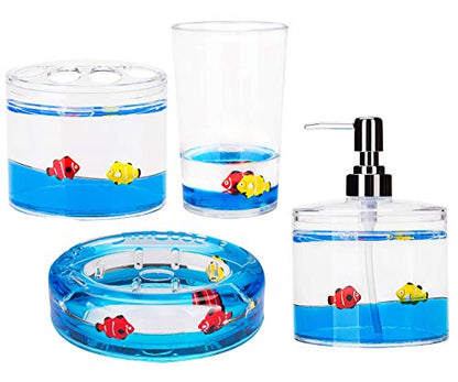 4 Piece Acrylic Liquid 4D Floating Motion Bathroom Vanity Accessory Set Ocean Cartoon Animal Theme Fish Toothbrush Holder, Tumbler, Soap Dispenser, Soap Dish - size: 4-piece, style: Fish