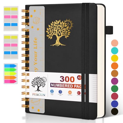 Spiral Notebook Journal for Women Men, 300 Numbered Lined Pages, College Ruled, A5 Hardcover Spiral Bound Notebook for School, Work, Note Taking Writing, Leather Spiral Journal Medium 5.9"x8.5" - color: Black, size: A5 size (5.9in x 8.5in)