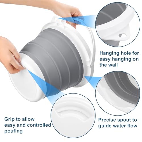 Bekith 2 Pack Collapsible Plastic Bucket with Locking Lid, 5L / 1.32 Gallon Foldable Round Tub Portable Fishing Water Pail for Hiking, Backpacking, Camping and Outdoor Survival (Blue, Gray)