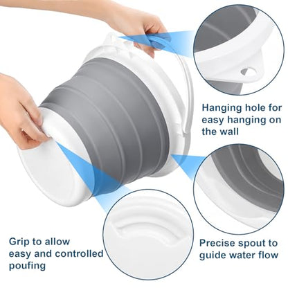 Bekith 2 Pack Collapsible Plastic Bucket with Locking Lid, 5L / 1.32 Gallon Foldable Round Tub Portable Fishing Water Pail for Hiking, Backpacking, Camping and Outdoor Survival (Blue, Gray)