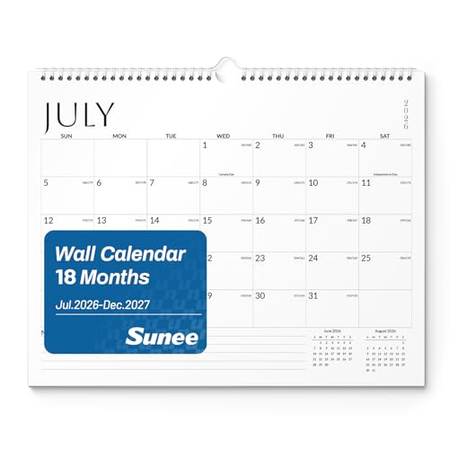 SUNEE Calendar 2026-2027 - 18 Months Wall Calendar Jul. 2026 - Dec. 2027, 14.5"x11.5" Big Grid Hanging Calendar with Note for Organizing & Planning, Monthly Calendar 2026-2027 with Last Month and Next Month, White - color: White