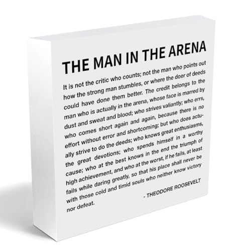 Office Desk Decor Wooden Box Sign, Motivational Office Gifts for Man Friend | The Man in the Arena Wood Block Plaque Box Sign Home Cubicle Book Shelf Office Decoration, Best Friend White - color: The Man In The Arena