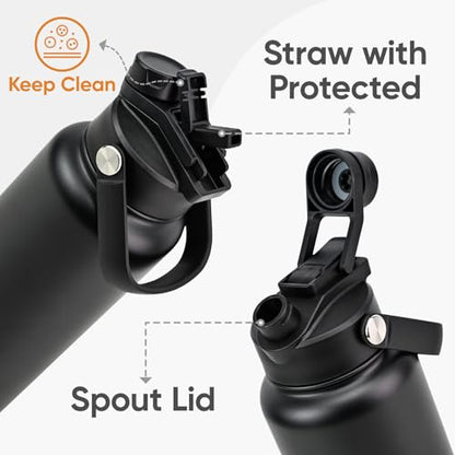 24 oz Insulated Water Bottle, 2-in-1 Lid, Straw & Spout with Protected, Leak Proof, Keep Cold 24H, Cup Holder Fit, Stainless Steel, Metal, Reusable, for Travel, Gym and School, 2 Lids, Midnight Black - color: Midnight Black, size: 24 Ounces
