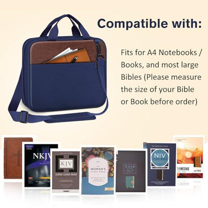 FINPAC Large Bible Cover, Carrying Book Case Church Bag Bible Protective with Zippered Pocket and Handle, Gift for Men Women - color: Navy & Brown