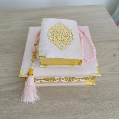 Velvet Covered Quran Tasbeeh Prayer Beads | Islamic Wedding, Graduation Gift Set with Wooden Box | Eid, Ramadan Favor (Pink) - color: Pink