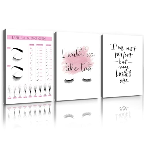 Makeup Wall Art Canvas Fashion Art Eyelash Pictures Eyelash Extension Guide Poster Beauty Salon Wall Art Pink Black and White Painting Lashes Picture for Bathroom Living Room 16x24inchx3 with Framed - color: Beauty Salon Wall Art Framed, size: 16"L x 24"W