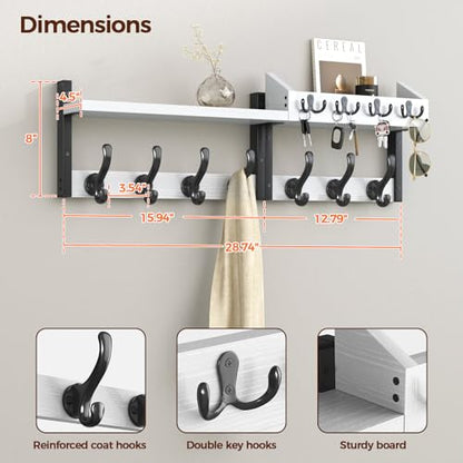 Evermagin 29" Coat Rack Wall Mount with Shelf, 4 in 1 Coat and Key Hanger with 11 Metal Hooks, Entryway Wall Mounted Shelf with Mail Holder for Living Room, Bedroom, White - color: White, size: 29 inch