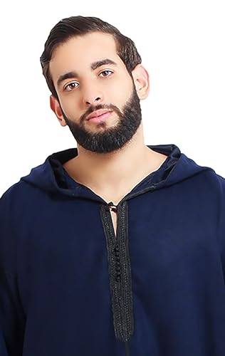 Moroccan Men Djellaba with Hood – Handmade Winter Jellaba Cotton Kaftan with Delicate Embroidery, Caftan Fits L–XL - color: Navy