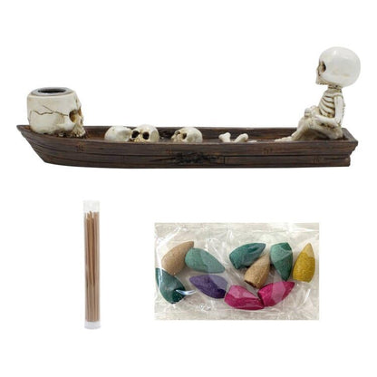 Halloween Incense Burner, backflow Incense Burner,Skeleton Ship Incense Holder,Hand-Carved Decorations,Cool Room Decorations, Awesome and Ideal Gifts, Brown (1pack, 8.5inch) - size: 8.5 inches