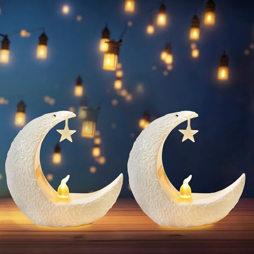 Hying 2 Pieces Ramadan Lanterns Decoration Festival Table Lamp Eid Mubarak Flameless Candle Lanterns Eid-ul-fitr Ramadan Moon Star Lamp for Home Tabletop Decor-White - color: Style 5: Moon Lantern