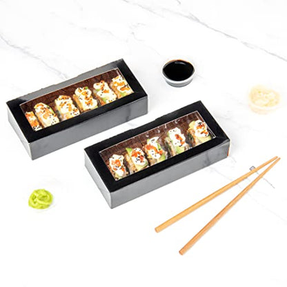 Restaurantware Sakura Vision 8 x 3.5 x 1.8 Inch Sushi Boxes 50 Disposable Take Out Boxes - Built-In Lid Clear Window Black Paper Rectangle Boxes For Sushi Maki Or Sashimi - size: Medium