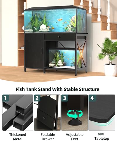 40-50 Gallon Aquarium Stand with Cabinet Drawer, Power Outlet,Black | Fish Tank Stand,Heavy Duty Metal for Turtle Tank , Reptile Terrarium,Fits Office Home,36"x 18"MDF Tabletop,850lbs Capacity - color: Blcak, size: 40-50 Gallon