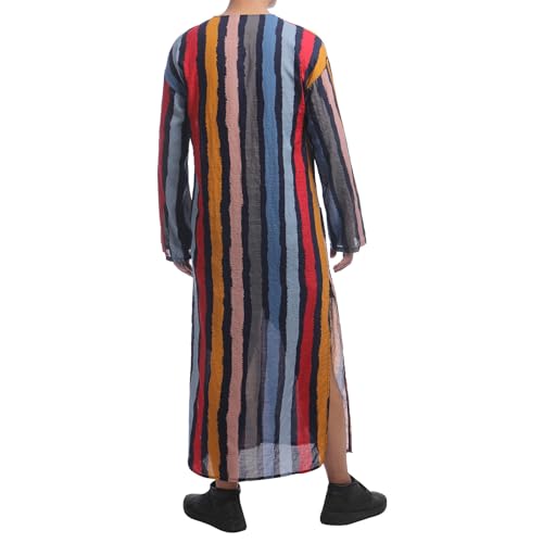 IWEMEK Muslim Thobe for Men Striped Kaftan Thobe with Pockets Saudi Arabic Robe Button up Dubai Abaya Caftan Ramadan Clothes - color: Red, size: Large