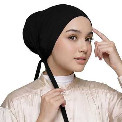 Yeieeo Women's Satin-Lined Tie Closure Hijab Undercap Non Slip,Premium Jersey Muslim Daily Wear Inner Headscarf Cap - color: Black