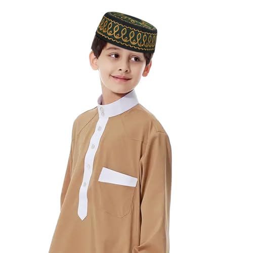 RUIXIA Men Boys Muslim Prayer Kufi Hat Skull Cap Embroidery Islam Kufi Headware takke Praying Beanie Hat Kofia Topi Hat - color: Green/Yellow--kids 7-10yrs