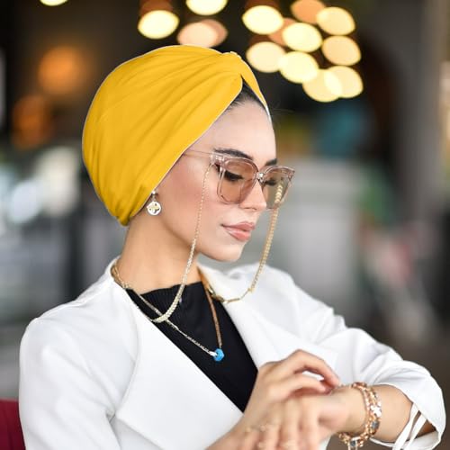 para life Knot Turbans for Women, Breathable Instant Turban|Standard Size Cotton|Pre-tied Scarf, Hijab Cap&Undercap - color: Mustard