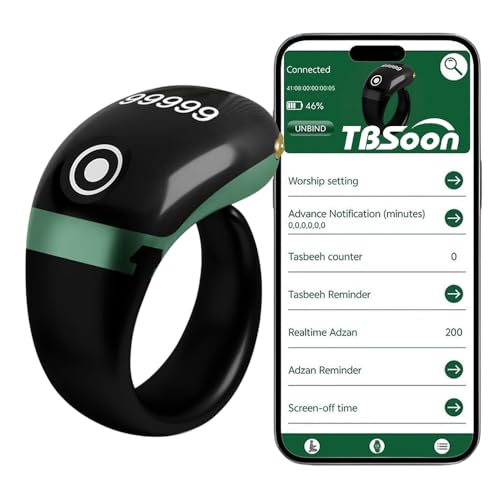Lightweight Tasbih Smart Ring, Tasbeeh Counters,Prayer Direction Indicator Guide,5 Azan Alarm Clock,Forgiveness,Electronic Rosary,Eid al-Fitr Eid al-Adha Ramadan Gift for men women-Green Pro with APP - color: Green Pro