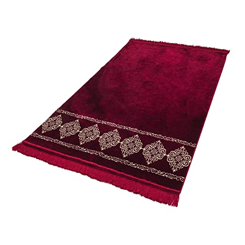 Modefa Turkish Islamic Prayer Rug - Large & Wide Soft Velvet Janamaz - Comfortable Muslim Praying Mat for Men & Women - Ramadan or Eid Gift - with Prayer Beads Tesbih - Grand Plush (Red) - color: Red