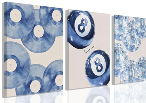 Trendy Blue Wall Art Set of 3, Preppy Navy Blue Wall Decor, Coquette Disco Lucky Me 8 Ball Poster Canvas Prints Aesthetic Pictures for Teen Girls Bedroom Living Room Dorm Home Decor 24x16in Framed - color: blue records canvas, size: 24"L x 16"W