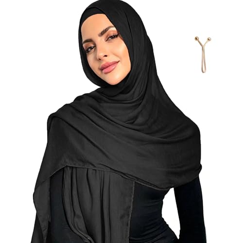 Jersey Hijab Scarf for Women,Lightweight Muslim Turban Head Scarf Modal Feel Hijab Coverings for Prayer with Clip - color: Black