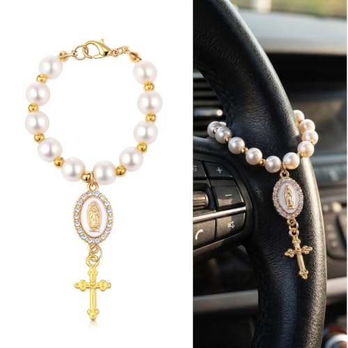 Cross Steering Wheel Charm, Catholic Car Rosary, Christian Car Accessories Rearview Mirror Hanging, Virgin Mary Crucifix Pendant Car Decor for Women Men (White) - color: White