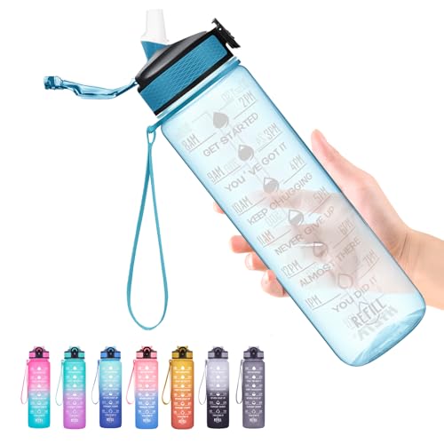Hyeta Water Bottle with Straw & Time Marker, Plastic 32oz Leakproof | Motivational Tritan BPA Free Gym Office Outdoor Intake Tracker Hourly Reminder Straw Lid Carry Strap - color: Clear Cerulean
