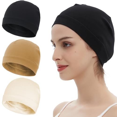 100% Cotton Skull Caps Beanie Bald Sleeping Hats for Men Women - color: 3pieces-black,beige,brown