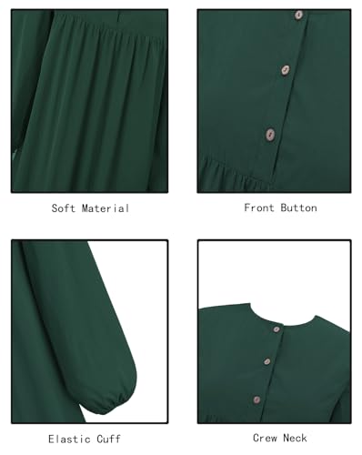 Womens Abaya Muslim Prayer 2 Pockets Long Sleeve Front Button Maxi Dresses Casual Islamic Clothes - color: Dark Green, size: Medium