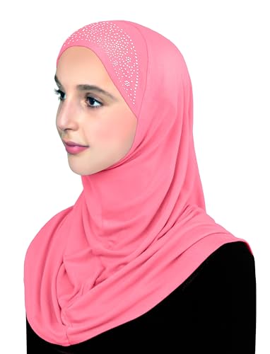 Aiyah Hijab for Girl's 1 piece Elastane-Spandex Amira Head Scarf with Rhinestones Easy Pull-on Headscarf - color: Large - Pink, size: Large