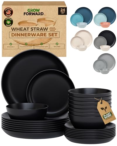 Grow Forward 24-piece Premium Wheat Straw Dinnerware Sets for 8 - Unbreakable Dishwasher & Microwave Safe Plastic Plates and Bowls Sets - Patio, Outdoors, RV, Camping Dishes - Midnight - color: Midnight Black