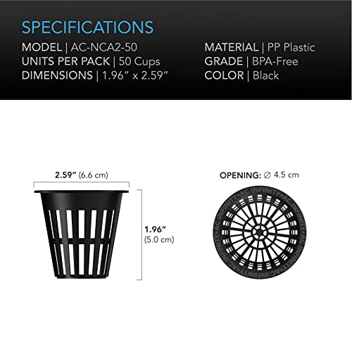 AC Infinity Net Cups 5cm Heavy Duty Garden Slotted Net Pots with Wide Lip | Wide Lip Rims, 50-Pack Black Bucket Basket for Indoor Outdoor Growing, Orchids, Aquaponics, Hydroponics - size: 2"