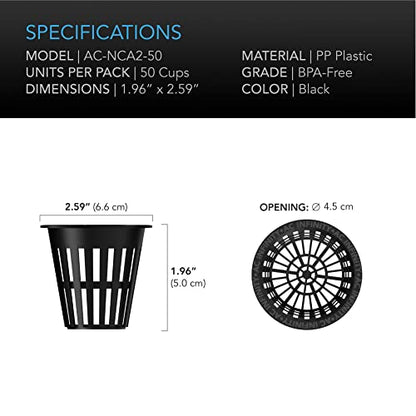 AC Infinity Net Cups 5cm Heavy Duty Garden Slotted Net Pots with Wide Lip | Wide Lip Rims, 50-Pack Black Bucket Basket for Indoor Outdoor Growing, Orchids, Aquaponics, Hydroponics - size: 2"