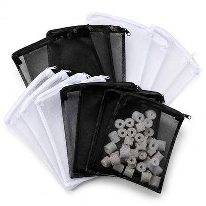 16 Pcs Aquarium Filter Media Bags Extra Fine, Fine Mesh Filter Media Bag with Zipper, White and Black Bag for Fish Tank Activated Carbon, Biospheres, Ceramic Rings