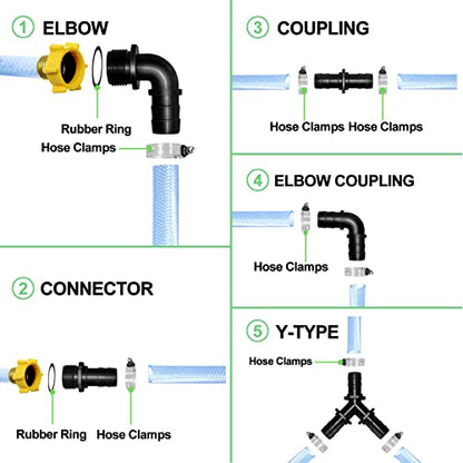 LONGRUN Hose Fittings Pond Hose Adapter, Garden Hose Quick Connect Male 1.2" NPT x 1" Barb Fitting, Pipe Fitting Hose Connector for Pool Spillway Waterfall Fountain Tube with 6 Clamps-11 Pieces Set