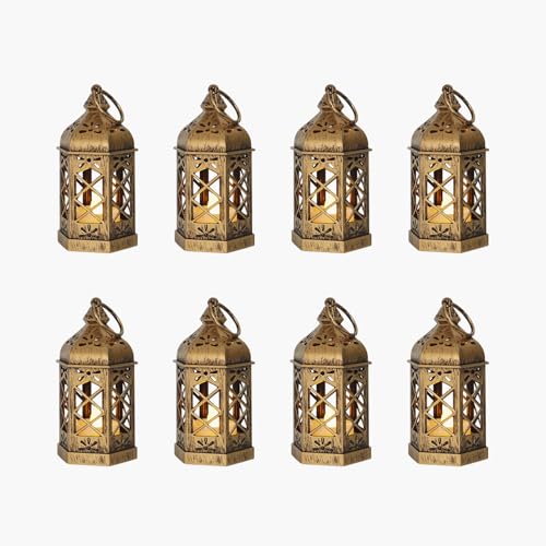 8-Pack Mini Lanterns, Small Decorative Lanterns with Flickering LED Candles for Ramadan, Christmas, Wedding, Hanging Moroccan Lantern, Table Centerpiece, Baby Shower Decorations, Bronze - color: Bronze Brushed