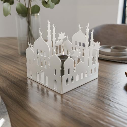Metal Candle Holder with Masjid Motif Islamic Home Decor for Ramadan & Eid Dining Table Centerpiece Muslim Gift (White) - color: White