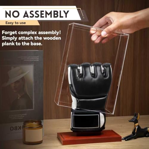 MMA Glove Display Case - No Assembly - Clear Acrylic Showcase with Wood Base, UV Protection Souvenirs and Collectibles Box (MMA Single Glover Holder, Rectangle)