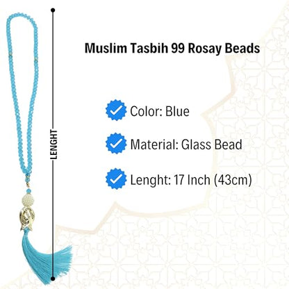 Muslim Tasbih 99 Rosary Beads with Pouch - Islamic Prayer Beads, Women's Traditional Beaded Zinc Glass Necklace - color: Blue