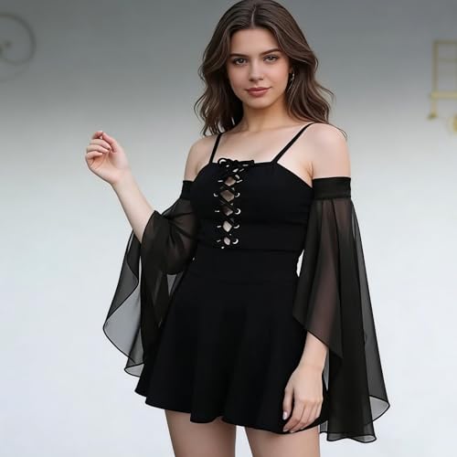 Long Tulle Bell Sleeves for Women, Women's Victorian Long Tulle Gloves with Adjustable Tie Strings - color: Black