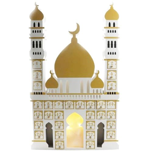 HiyyFloy Wooden Ramadan Advent Calendar Eid Mubarak Countdown Calendar Ramadan 30 Day Castle Advent Calendar Ornament with Led Light for Muslim Islam Home Decor