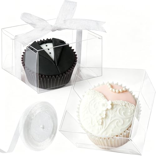 Jutieuo 100pcs Clear Single Chocolate Covered Cookies Macaron Box for Wedding Favors Baby Shower 2.17"×2.17"×1.38" Inch, Party Favor Box with Ribbons for Candy Chocolate Mooncake - color: 2.17x2.17x1.38 Inch